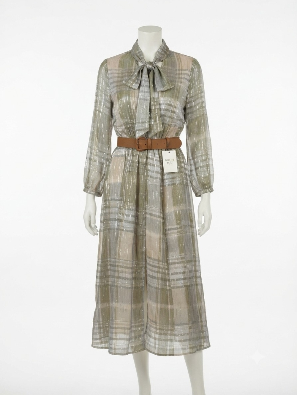 Plaid Tie-Neck Midi Dress in Olive and Beige